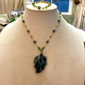 Dabby reid olive faux stone Leif iridescent green crystal gold color chain